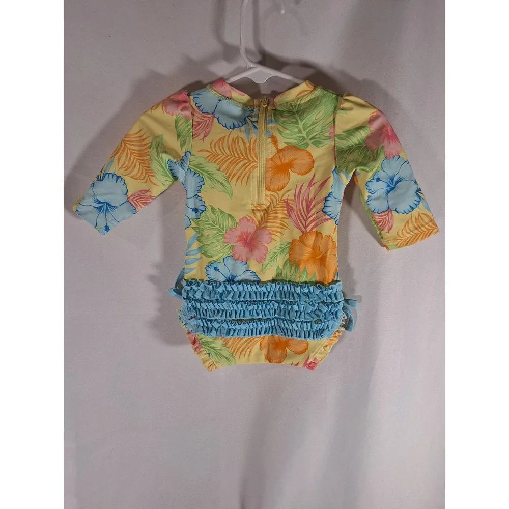 RuffleButts Baby Girls Yellow Tropical Floral Rash Guard Swimsuit 3-6M